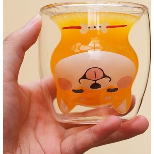 1Pcs 220mL Handmade Cute Cartoon Animal Shiba Inu Double Wall Glass Cup Creative Heat resistant Milk Cocktail Diamond Glass Mugs