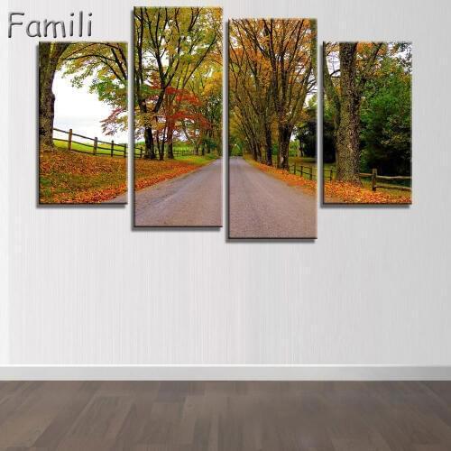4 Panel Modern Canvas Painting Wall Art Picture Dirt Road Deciduous Forest Green Tree Foggy Spring Landscape Print Artwork Wall