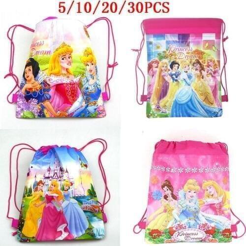 5/10/20/30PCS Cartoon Cinderella Drawstring Bags Child Birthday Party Disney Six Princess Belle Bags Girl Favor Ariel Back Bag