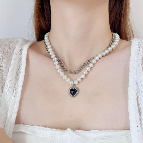 Fashion Stainless Steel Chain Pearl Double Layer Necklaces for Women Black Heart Charm Choker Simple Korean Female Jewelry