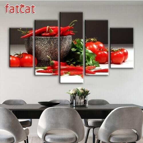 FATCAT 5 Panels Kitchen Tomato And Chili Diy Diamond Painting Full Square Round Drill Diamond Embroidery Sale Decor Gift AE1072