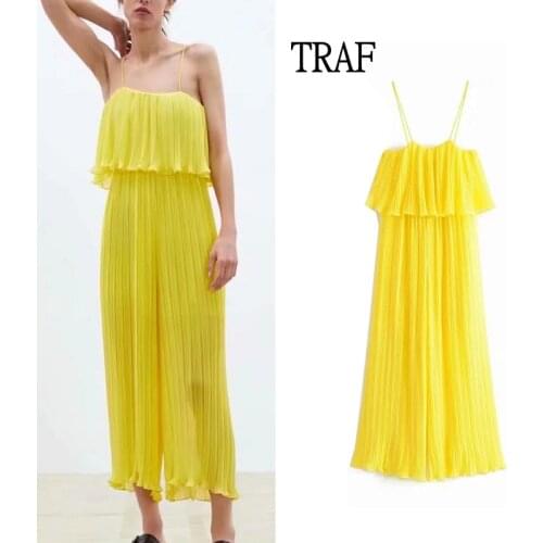TRAF Za Jumpsuit Women 2021 Yellow Strap Elegant Woman Jumpsuits Summer Womens Clothing Chiffon Elastic Loose Sexy Jumpsuit