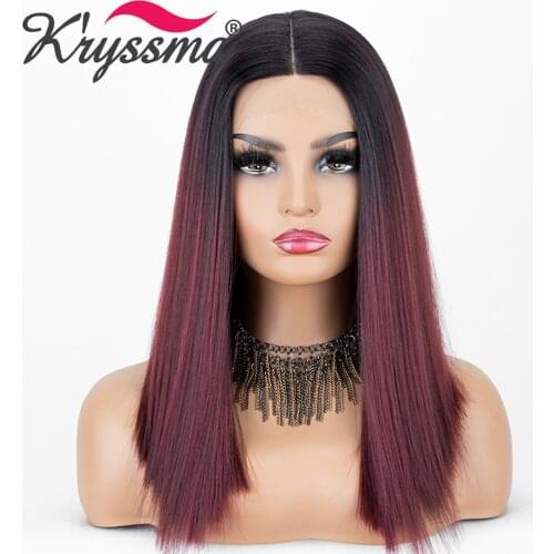 Kryssma Dark Roots Short Bob Wigs For Ombre Dark Red Synthetic Lace Front Wigs Two Tones Black Women L Part Heat Resistant Fiber