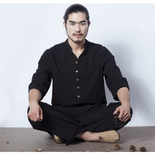 Retro Chinese Style Mens Meditation Cotton Linen 2pcs Set Single Breasted Tai Chi Tracksuit Breathable Summer Outfits Suits 2XL
