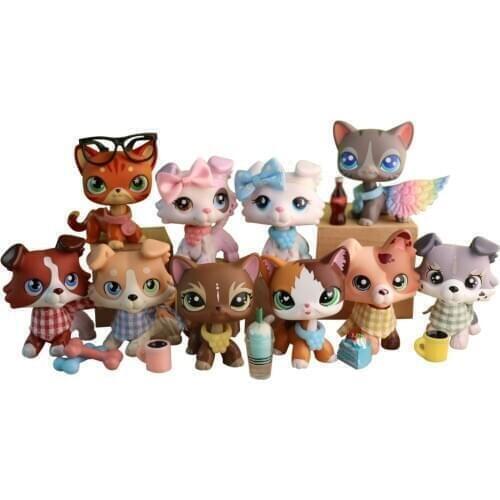 Pet Shop Mini Toy 6pcs Collie Dogs Puppy 4pcs Pet Short Cat & 21 Pieces Accessories Bone Collars Glasses Drink Cake Wing