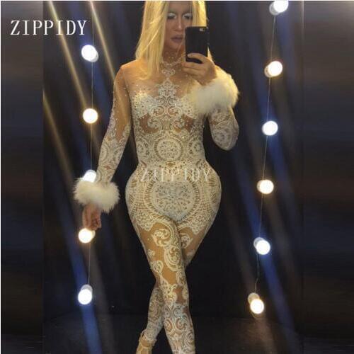 Fashion Shining White Lace Rhinestones Bodysuit Female Singer Stage Costume Party Celebrate Glisten Stones Stretch Nude Outfit