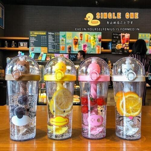 New hot creative student plastic straw water bottle cute animal drinking cup portable large capacity adult children mixing cup