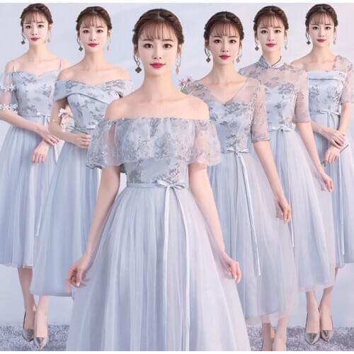 Boat Neck Tea-Length Adult New Medium Korean Gray Embroidery Floral Sisters Group Slim Graduation Host Bridesmaid Dresses 6559