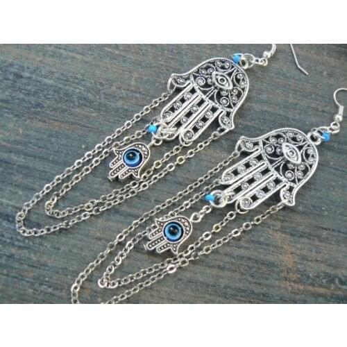 Hamsa earrings zen earrings spiritual earrings evil eye earrings tribal fusion Greek chandelier boho yoga earrings