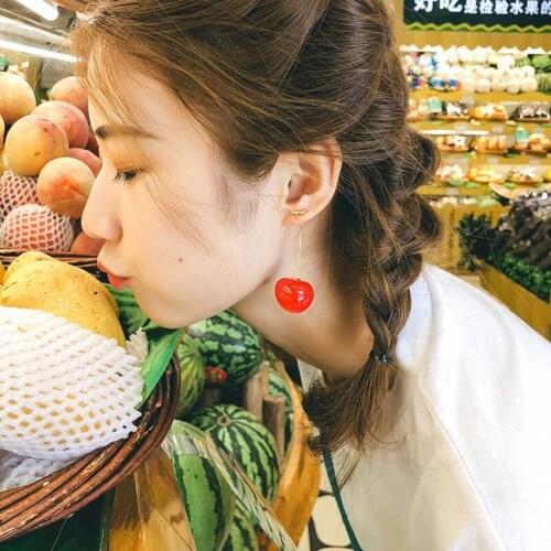 Earrings сережки Bijouterie Stud Earrings Sweet Red Cherry Fruit Long Gold Pendant Earrings Ladies Jewelry womens earrings