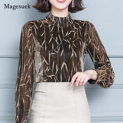Bright Silk Women Print Half High Collar Long Sleeve T-shirt Autumn 2021 New Fashion Mesh Blouse Elegant Sexy Slim Tops 16736