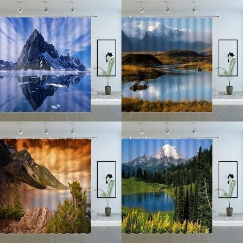 Natural Landscape Pattern Shower Curtains Mountains and Lakes Scenery Bathroom Decor Polyester Cloth Hanging Curtain Set Cheap