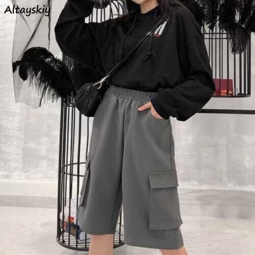 Shorts Women Streetwear Oversize All Match Summer Casual Hip-hop College Solid Ulzzang Female Loose Pockets Elastic Waist Chic