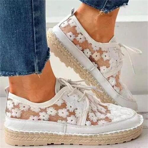 New Womens Shoe Ladies Vogue Sweet Lace Flower Lace Stitching Pu Shoes Female Round Toe Flat Heel Platform Comfort Casual Shoes