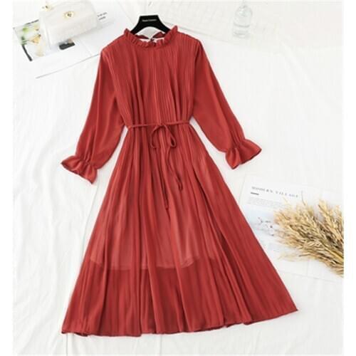 2020 new summer autumn women printed pleated chiffon dress fashion female casual Flare Sleeve Lotus leaf neck Basic Dresses