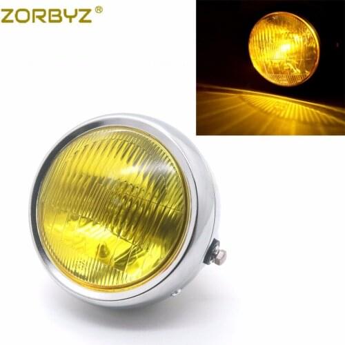 ZORBYZ Motorcycle Chrome Metal Retro Amber Lens Halogen Front Headlight For Harley Kawasaki Honda Cafe Racer Bobber Custom