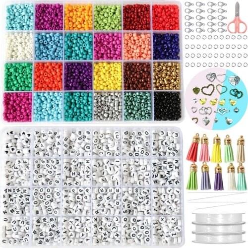 14400Pcs 3mm Glass Seed Small Pony Beads 1200Pcs Letter Alphabet Bead Craft and Art Kit Set for DIY for Girls Kids