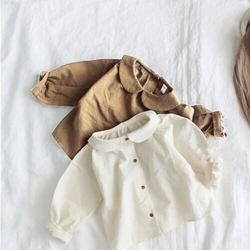 2021 Korean Childrens Clothing Fall Hot Style Girls Fashion Literary Style Doll Collar Buttoned Shirt