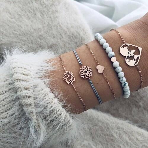 5 Pcs/Set Bohemian Vintage Bangle Heart Lotus Map Gem Beaded Bracelet Set Women Fashion Party Wedding Jewelry Accessories