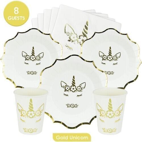 8Guests Disposable Unicorn Tableware Sets Paper Cups Plates Napkins Children Birthday Party Decorations Supplies Eco-Friendly