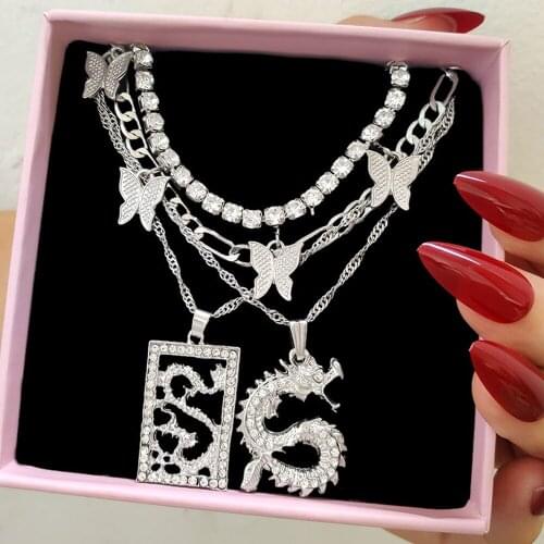 Geometric Crystal Dragon Twisted Clavicle Chain Necklace For Women Silver Color Multi-layer Rhinestone Butterfly Choker Jewelry