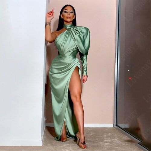 One Shouldr Emerald Green Evening Dress Mermaid Long Sexy Side Split Prom Party Gowns Halter Neck Celebrity Dresses