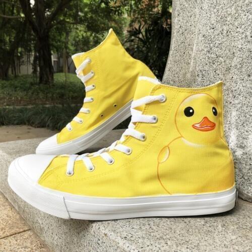 Wen Design Hand Painted Canvas Shoes Cartoon Yellow Duck High Top Women Sneakers Men Skateboarding Shoes Sport Plimsolls
