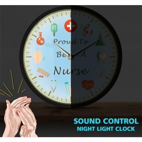 Pround To Be A Nurse Sound Control Wall Clock Kit Medical Health Iocns Slient Watch Hospital Clinic Led Night Light