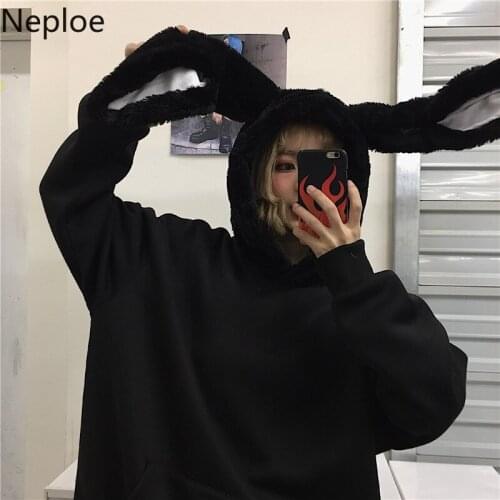Neploe Ins Harajuku Style Retro Rabbit Ear Design Hooded Sweatshirt Black Loose Thicked Unisex Lover Pullover Loose Hoodies47354