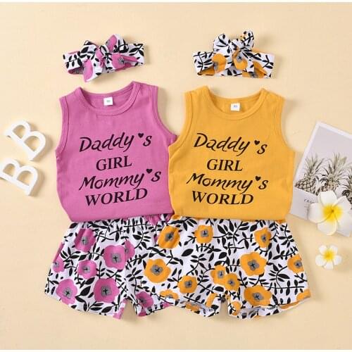 Pudcoco 2021 New Arrival Kids Baby Girls Fashion 3-piece Outfit Set Letter Print Tank Top+Floral Shorts+Headband Set