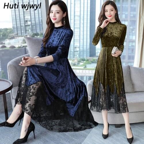 Autumn Winter New Plus Size Vintage Lace Maxi Dresses 2021 New Korean Women Bodycon Gold Velvet Midi Dress Party Runway Vestidos