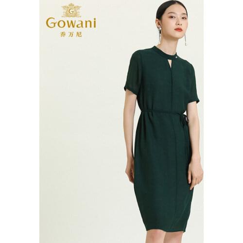 Gowani 100% silk solid o-neck key hole button sheer sleeve drawstring-waist knee length straight dress