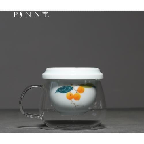 PINNY Hand Painted Lute Ceramic Glass Tea Mugs 290ml Chinese Kung Fu Teapot Glass Tea Cup Portable Drinkware