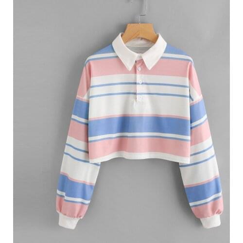 Fashion Striped Hooded Casual Pullover Short Sweatshirt Buttons Tops Streetwear Female Autumn Winter Long Sleeve Women Outerwear