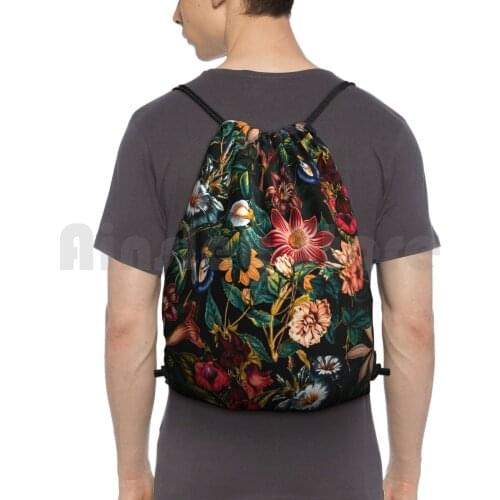 Night-Garden-Xxiv Backpack Drawstring Bag Riding Climbing Gym Bag Floral Botanical Garden Forest Jungle Tropical Pattern