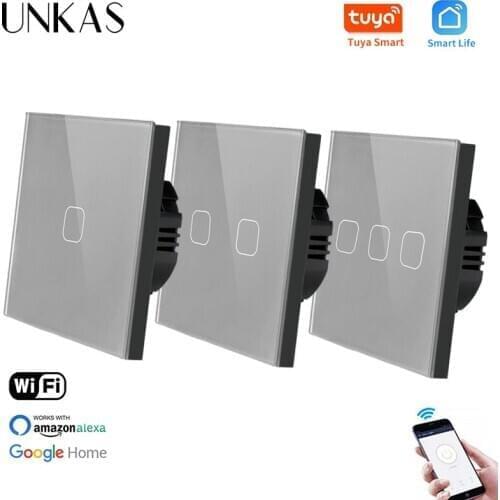 UNKAS EU Standard 1/2/3 Gang Tuya/Smart Life WiFi Wall Light Touch Switch for Google Home Wireless Control Touch Light Switch