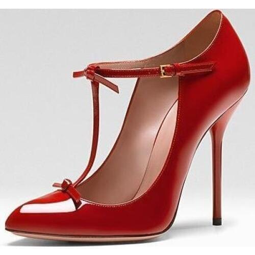 Vintage Red Patent Leather T-bar Strap Wedding Shoes Bride Pointed Toe Ankle Strap Thin Heels Women Shoes High Heels Plus Size