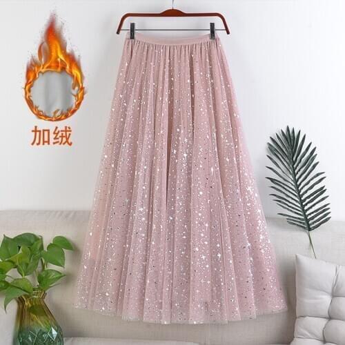 New 2020 Autumn Winter women Skirt high waist slimming double-layer mesh gauze stars glitter and velvet lining mid-length skirt