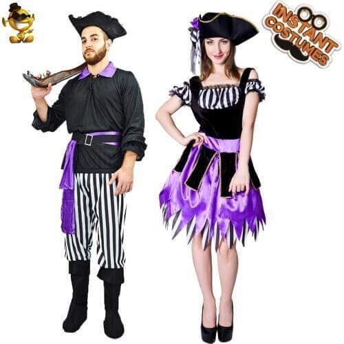 Unisex Adult Pirate Costume Halloween Couples Deluxe Purple Pirate Dress Clothing Carnival Party Cosplay Lover Buccaneer Outfit