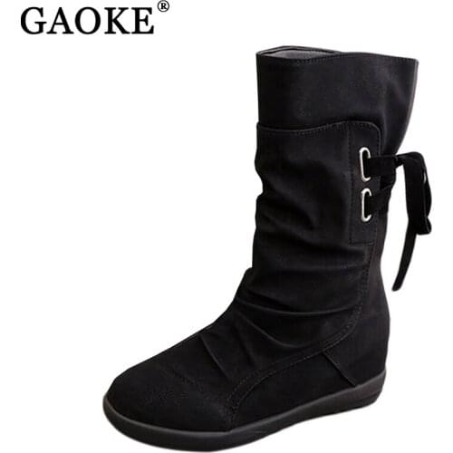 Women Winter Snow Boots Mid-Calf Solid Wedges Ladies Height Increasing Shoes Casual Leather Boot Woman Warm Botas Mujer