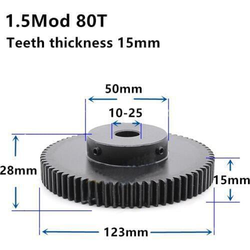 1.5M 80T High frequency blackening Spur Gear pinion teeth width 15mm 1.5mod gear rack 80teeth bore 10-25mm cnc