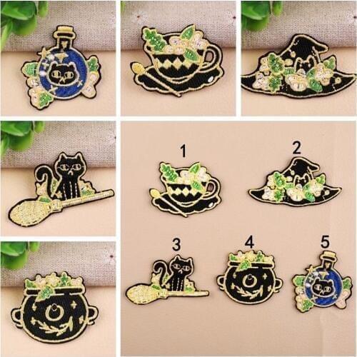 2019 Cartoon flower coffee Iron On Patches Ice Flower Hat Cat Magic Broom Badges Flower kettle Parches for Kids clothes patches