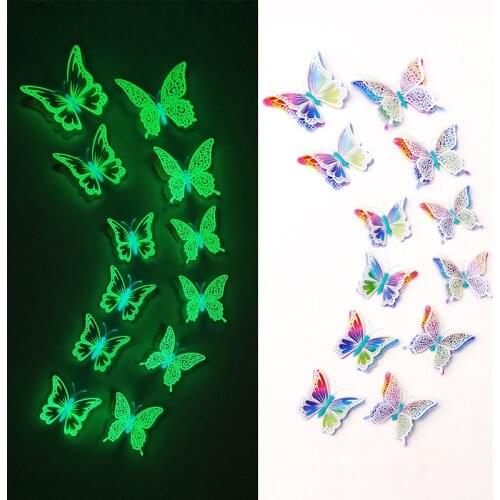 12pcs Luminous Double Layer Butterfly Decal Art Wall Stickers Room Butterflies Home Decor DIY Stickers 3D Fridge Wallpaper Decor