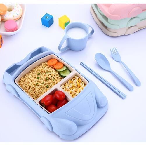 6pcs Baby Food Containers Bamboo Fiber Infant training dishes Baby feeding Set Car shape Bowl Cup Plates Sets Children Tableware