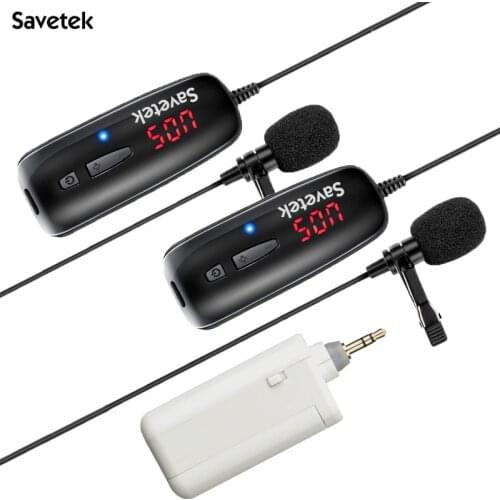 Savetek UHF 2 to 1 Lavalier Lapel Wireless Microphone Recorder Microphone Recording Vlog for Tiktok Youtube Live Phone Pad PC