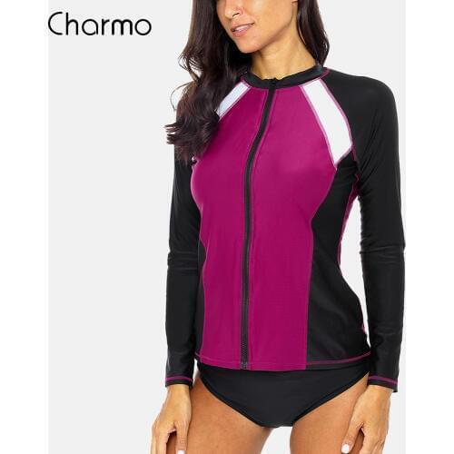 Charmo Women' Long Sleeve Zipper Rashguard Sports Shirt Swimsuit Patchwork Swimwear Surfing Top Hiking Shirt Rash Guard UPF50