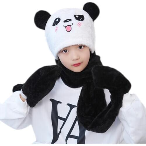 Kids Baby Winter 3 In 1 Hat Scarf Gloves Set Cute Panda Animal Ears Thicken Fuzzy Plush Hoodie Earflap Cap Neck Warmer