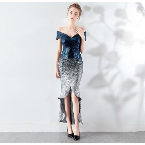 Corzzet Elegant Blue Gradient Sequin Off Shoulder Sexy Front Short Back Long Mermaid Dress Vintage Evening Party Banquet Dresses