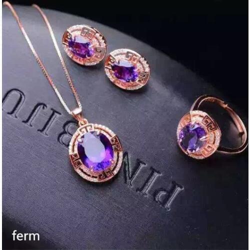 KJJEAXCMY exquisite jewelry 925 pure silver inlaid natural amethyst ladies jewelry set rings Pendant Earrings 3 sets