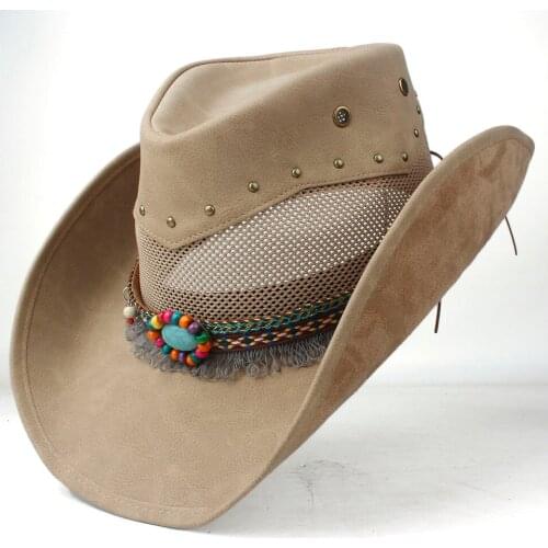 100% Leather Men Women Mesh Western Cowboy Hat Wide Brim Hat Outdoor Sombrero Hombre Cowgirl Hat Fascinator Tassel Hat